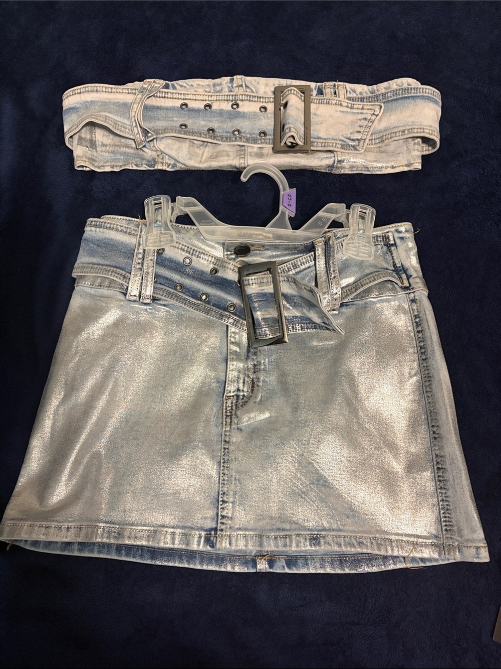 Metallic Silver Denim Mini Skirt with Matching Belt